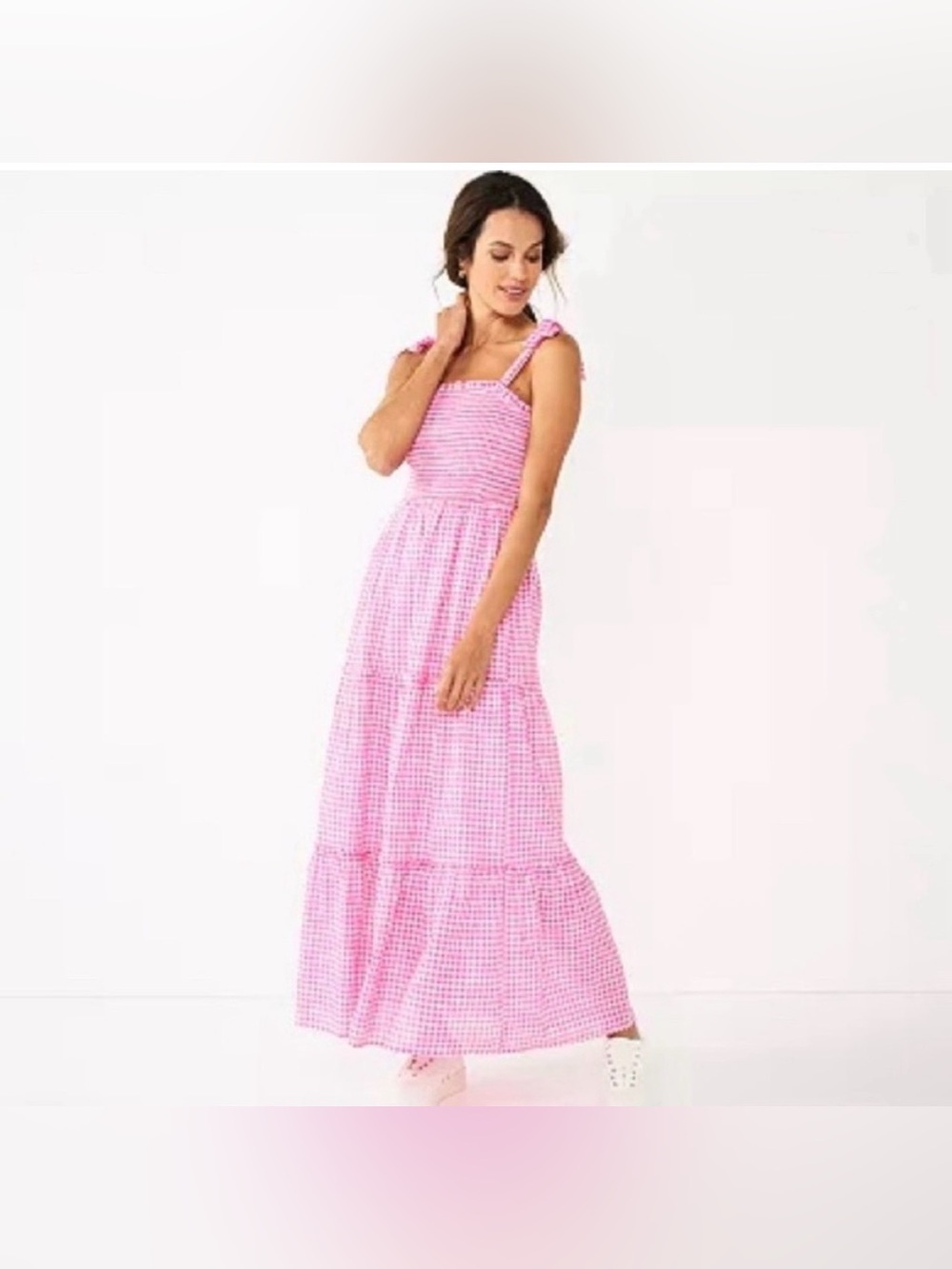Draper James RSVP Pink Gingham Smocked Tiered Midi Dress Size Large